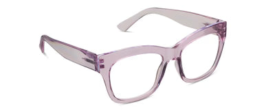 Translucent, square blue light glasses with thick light purple frames and anti-reflective coating. Available in multiple sizes.