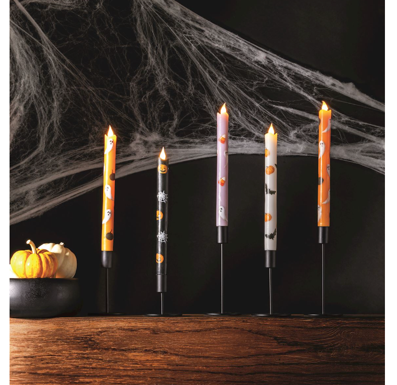 Five Halloween LED taper candles with spooky designs in black holders. Available in 8" and 10" sizes.