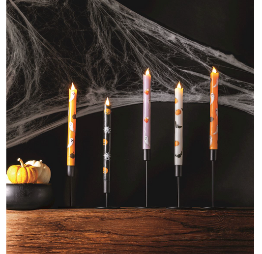 Five Halloween LED taper candles with spooky designs in black holders. Available in 8" and 10" sizes.