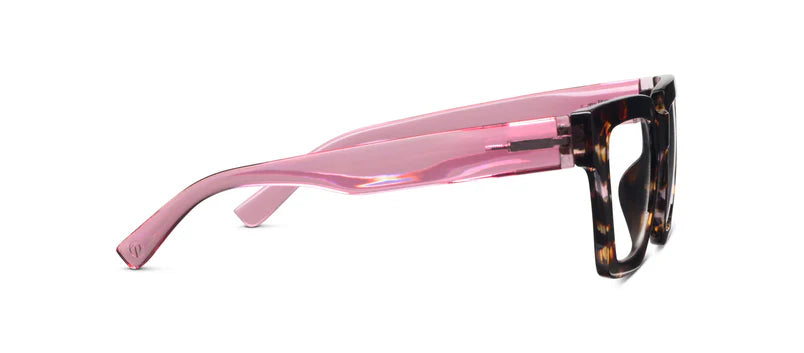 Translucent pink-armed, thick square dark tortoiseshell-front eyeglasses for progressive lenses. Available sizes: narrow, regular, wide.