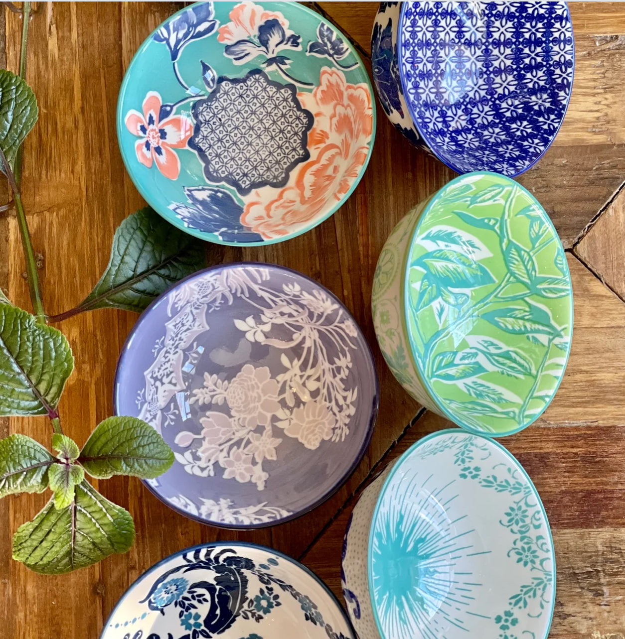 Six Classic Collection Tidbit Bowls with floral and geometric patterns. Available in small size, set of six.