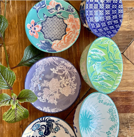 Six Classic Collection Tidbit Bowls with floral and geometric patterns. Available in small size, set of six.