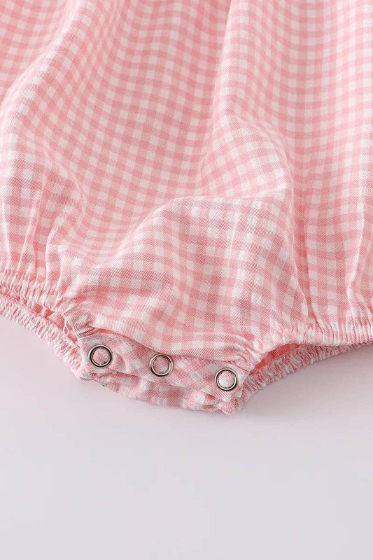 Baby Girls Strawberry Plaid Smocked Romper, pink and white plaid, smocked, 3 silver snaps. Size: 18M.