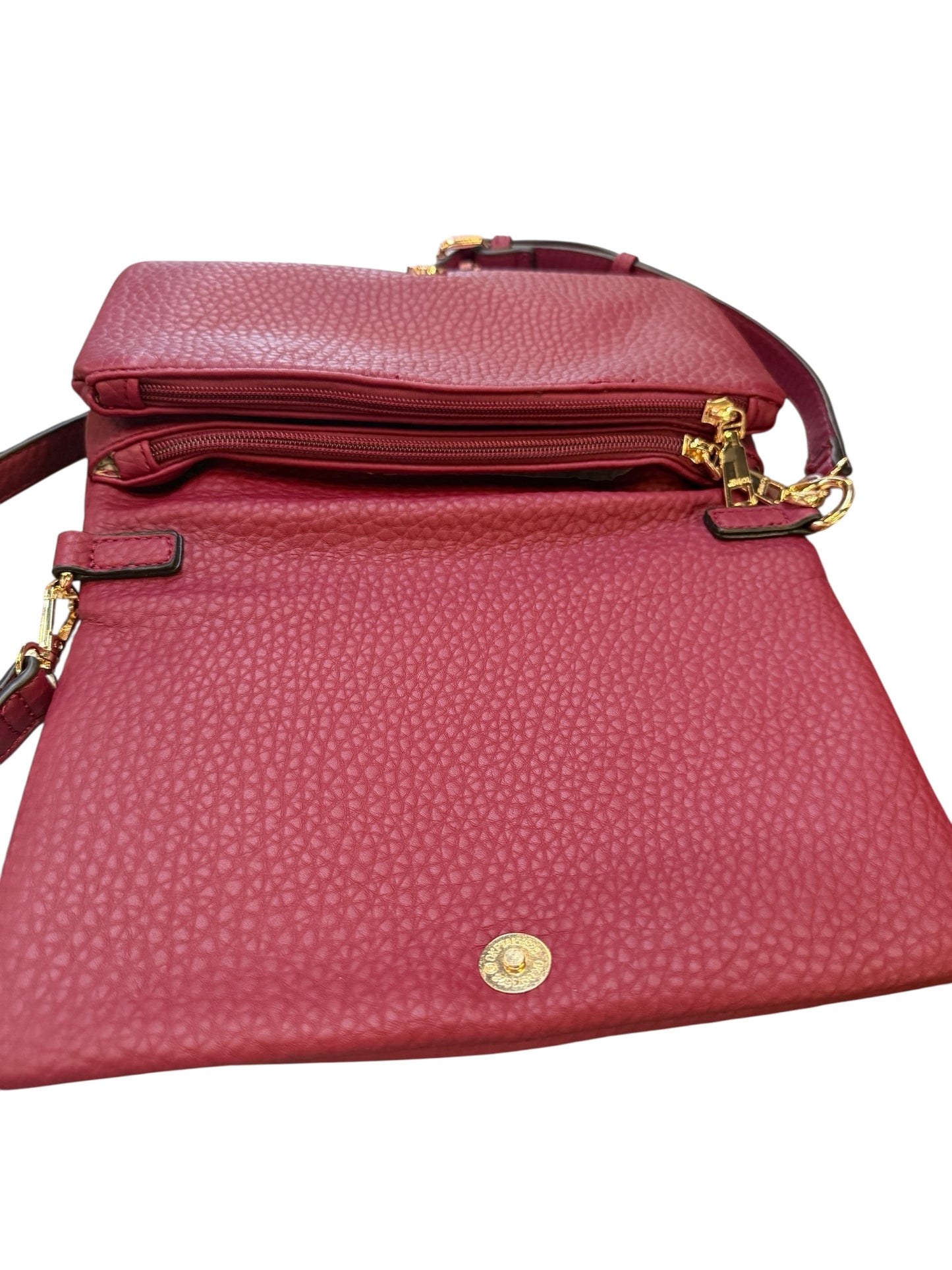 Textured red Phiona Studded Flapover Crossbody with gold hardware, zipper pocket, adjustable strap; sizes: small, medium.