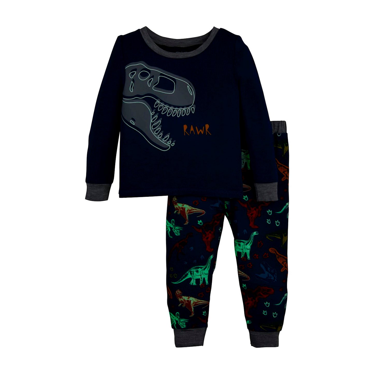 Navy long-sleeve top with glow-in-the-dark dinosaur skull and "RAWR" graphic; matching dino print pants. Sizes 2T-8.