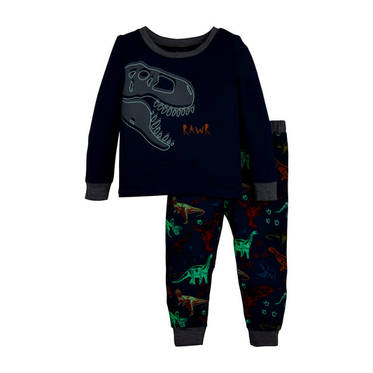 Navy long-sleeve top with glow-in-the-dark dinosaur skull and "RAWR" graphic; matching dino print pants. Sizes 2T-8.