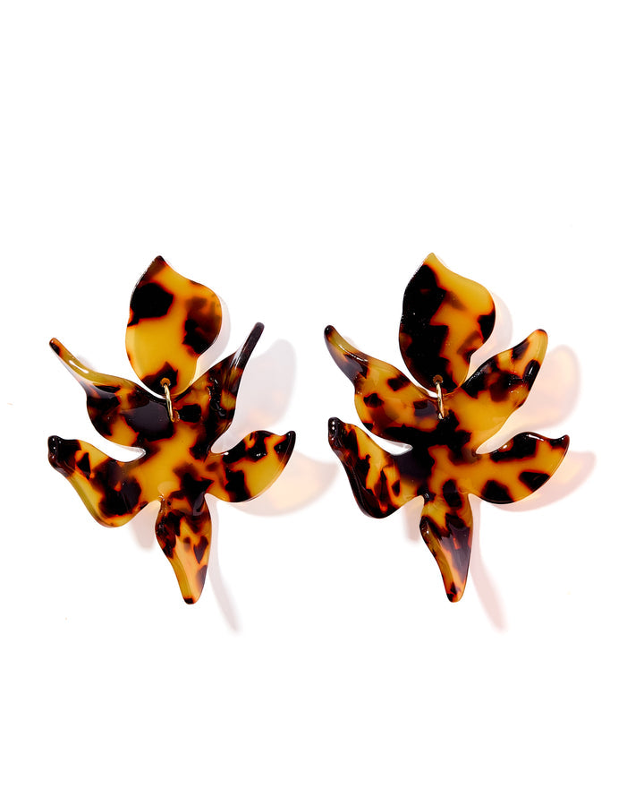Floral Statement Earrings with a tortoiseshell pattern, abstract leaf or flower shape. Sizes: small, medium, large.