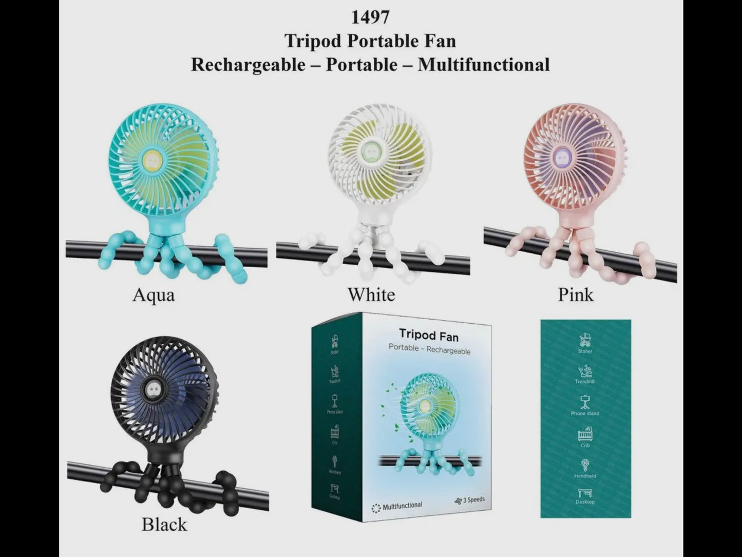 Four Portable Tripod Fans in aqua, white, pink, and black clipped to a bar; rechargeable; sizes: not shown.