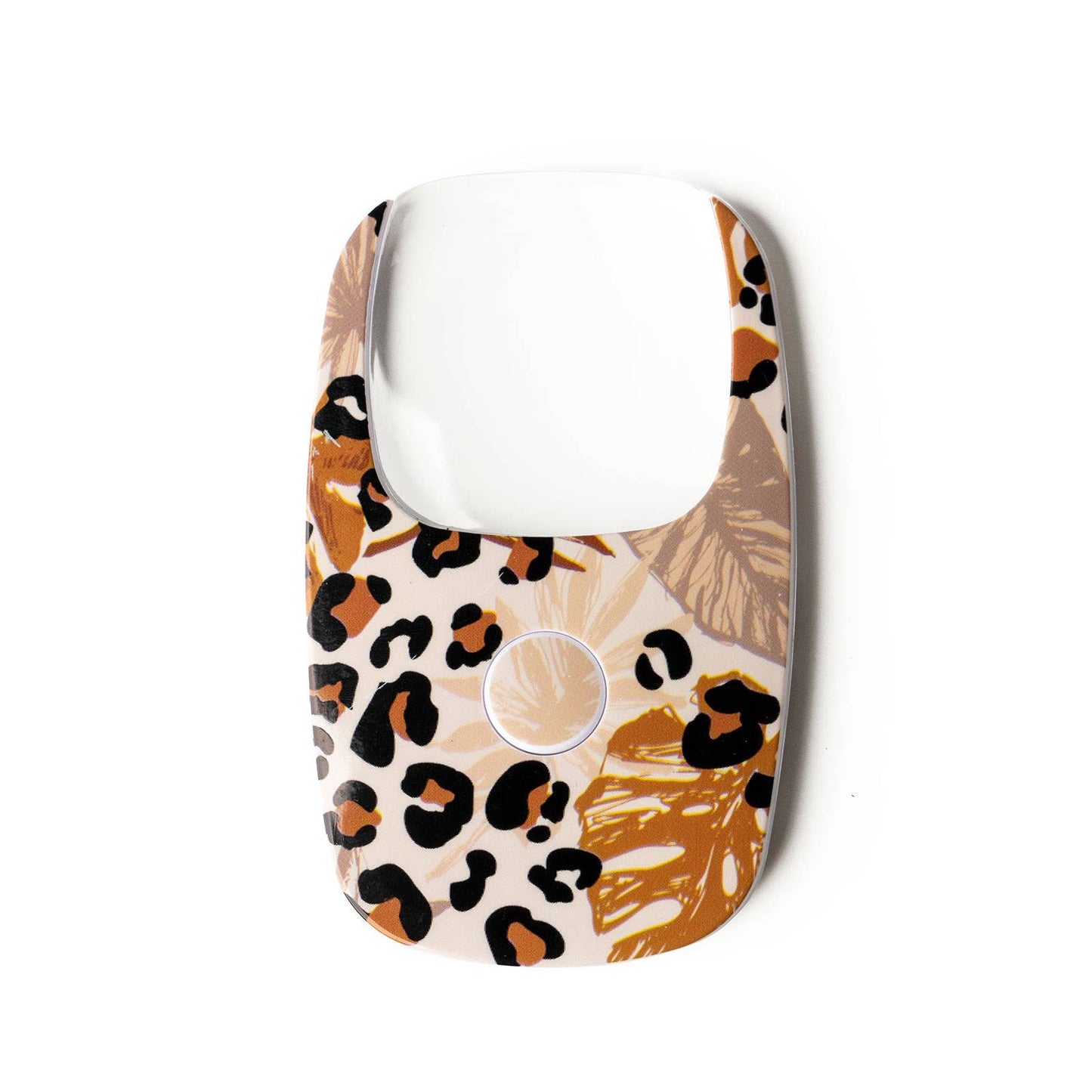 Rectangular 2X LED pocket magnifier with wide frame in brown, orange, and black leopard and leaf pattern. Sizes available.
