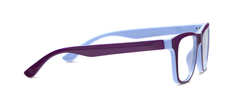 Side view of Peepers Rally Purple/Blue eyeglasses with a light blue and dark purple two-tone polycarbonate frame. Blue light glasses available in multiple sizes.