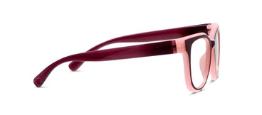 Buffy pink and burgundy rectangular cat-eye glasses with thick frames, straight arms, and UV400 protection. Sizes available: small, medium, large.