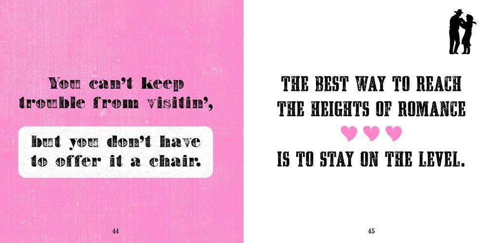 The Cowgirl’s Guide to Life book, two pages shown with quotes and illustrations. Available in standard paperback size.