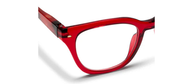 Glossy, transparent red Peepers Lenora Red/Fire Tortoise eyeglasses with visible top left frame and part of the left temple arm. Available sizes: small, medium, large.
