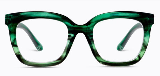 Peepers Cleo oversized square eyeglasses with a green marble pattern and thick rectangular frames. Available sizes: 1.50, 2.00, 2.50, 3.00.