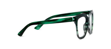 Peepers Cleo eyeglasses feature green, thick-rimmed translucent plastic frames with a rounded design. Available in multiple sizes. Blue light lenses for eye protection.