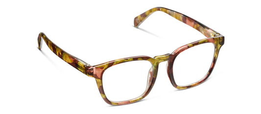 Rectangular Peepers Latte Earth Quartz eyeglasses with marbled brown, green, and gold lightweight frames; curved temple ends for a secure fit. Available sizes: small, medium, large.