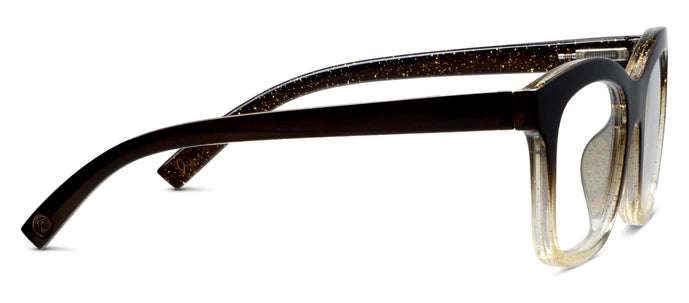Chunky square-frame eyeglasses with rectangular lenses, dark brown arms, clear-to-brown gradient frames featuring gold glitter accents near the lenses and arms. UV400 protection. Available in multiple sizes.