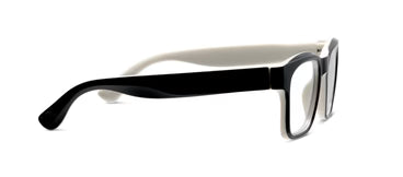 Peepers Boone blue light glasses with chunky square acetate frame, black outside and white inside; available in multiple sizes.