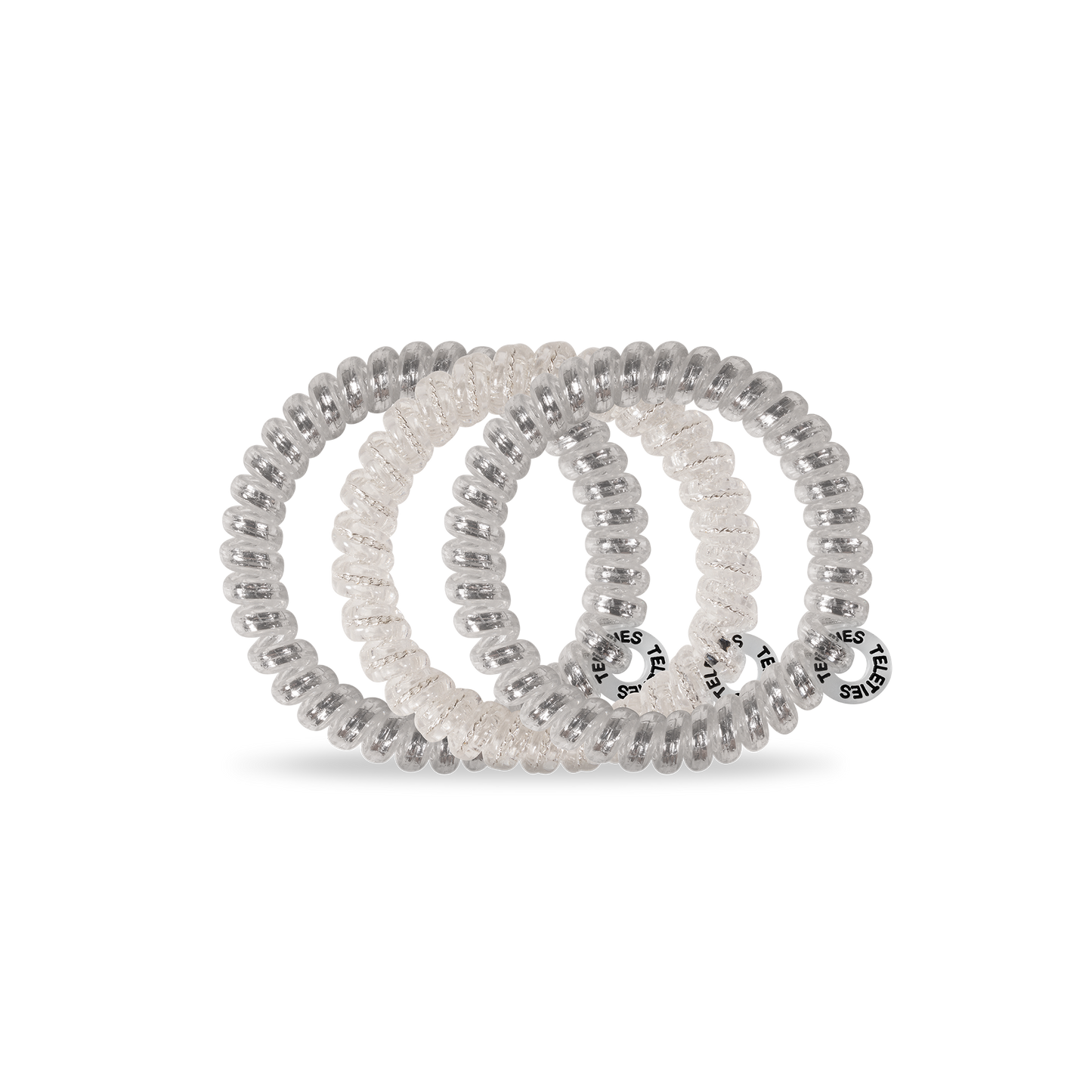Three clear, glossy Spiral Hair Coils by Silver Slay; available in small, medium, and large sizes.