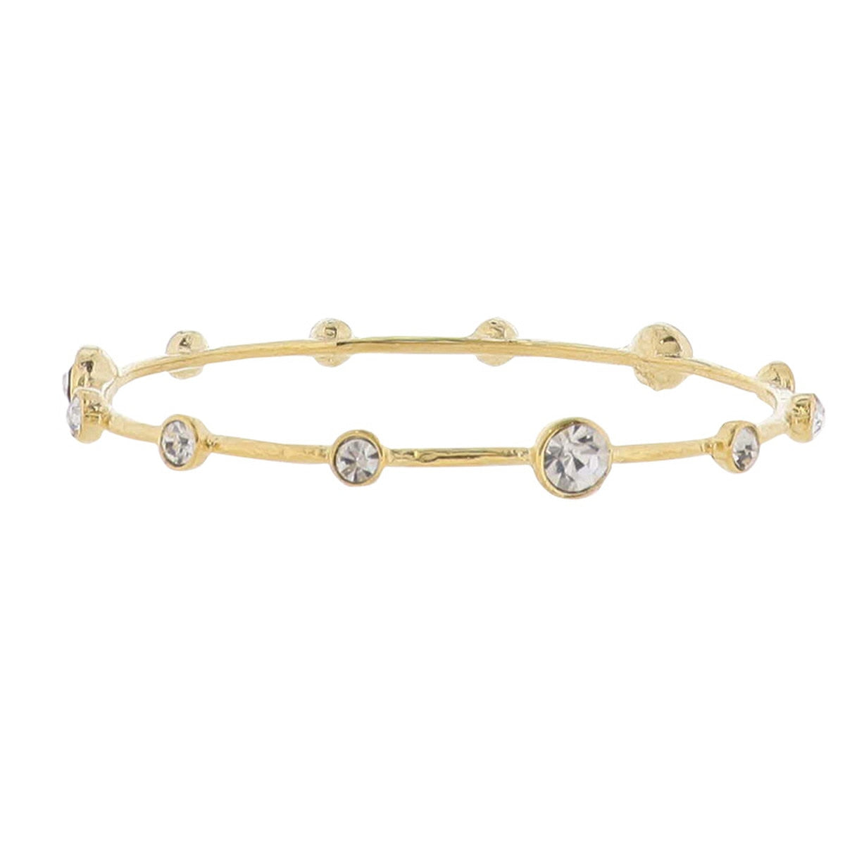 18k Gold Bangle Bracelet with multi-sized clear crystals on a slim band. Available in small, medium, and large sizes.