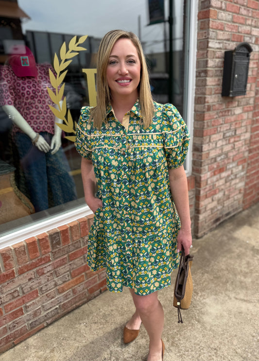 Green Floral Print Button Up Dress