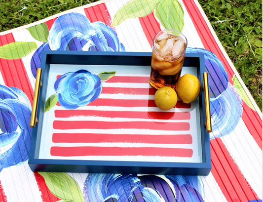 Blue wood tray with metal handles, painted blue rose and red stripes. Available sizes: small, medium, large.
