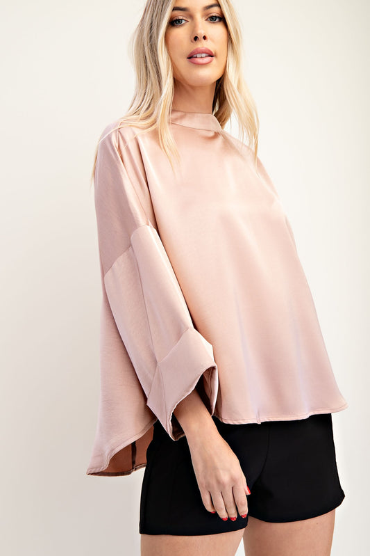 Shiny pale pink High Neck Wide Sleeve Top, elegant design. Available in sizes XS-XL.