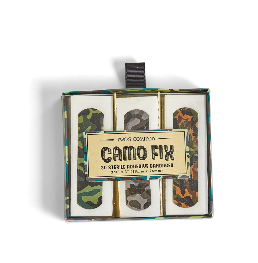 Box of Camo Fix Bandages with 30 sterile bandages in green, brown, and tan camo patterns; sizes not specified.