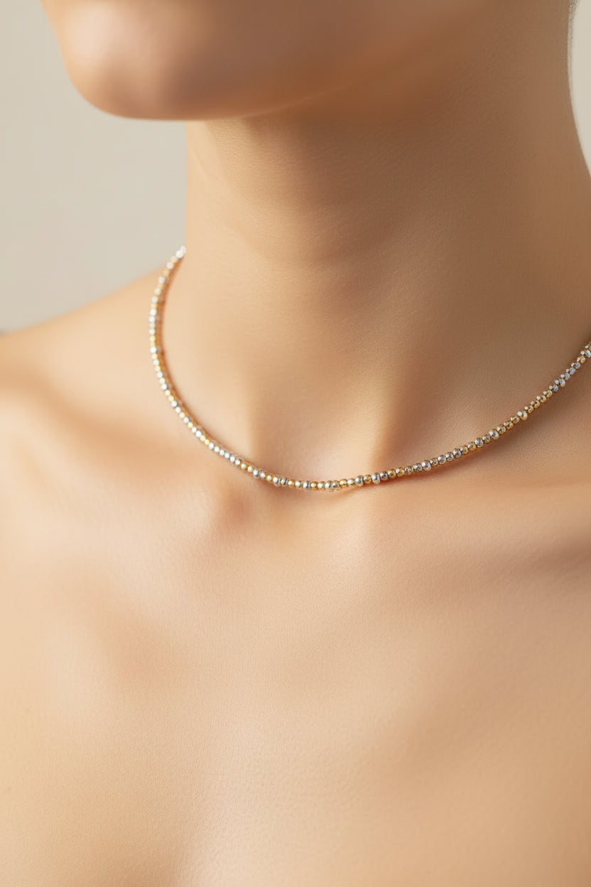 Gold and Silver 4mm Beaded Necklace with delicate gold and silver beads; available in multiple sizes.