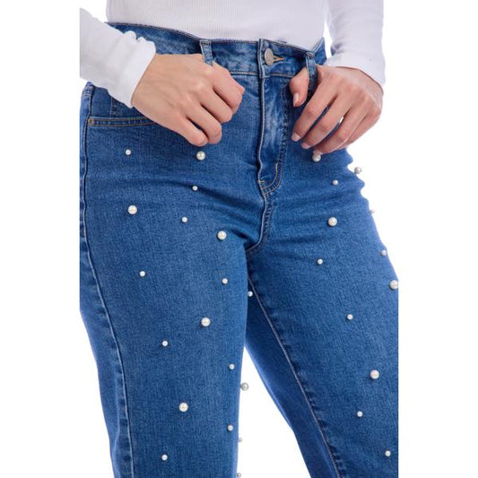 Bullock Pearl Jeans: blue denim with small white pearl embellishments. Available in sizes XS–XL.