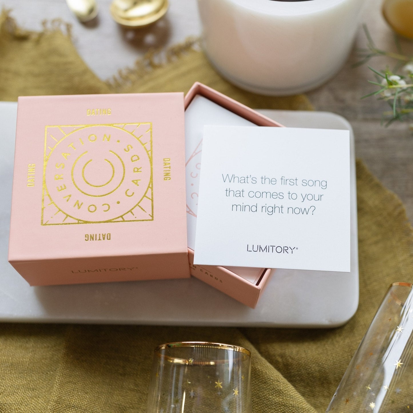 Pink "Conversation Cards Girls Night" box with sample card shown. Available in small and large sizes.