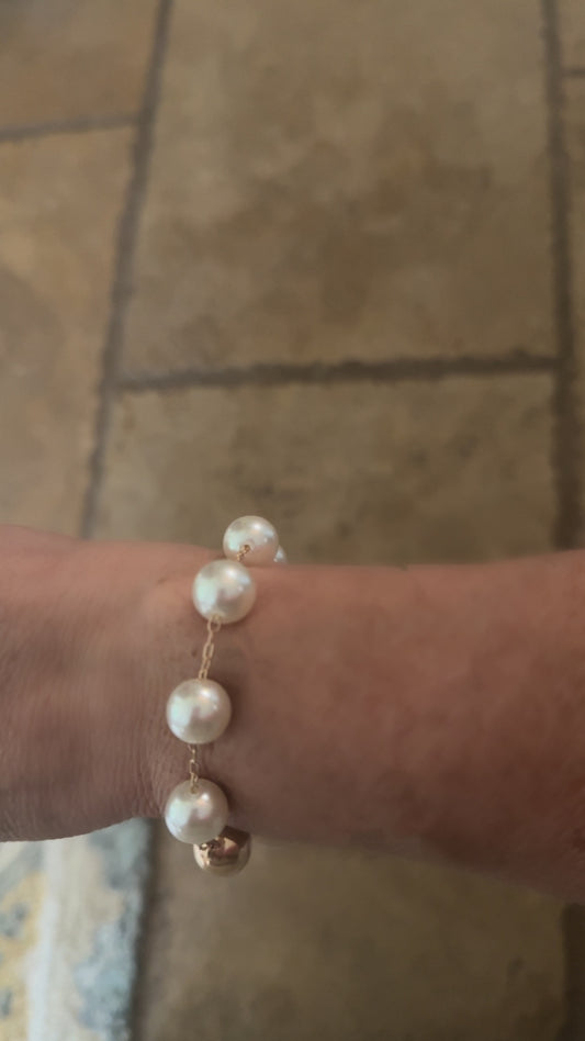 Beaded 10mm Water Resistant Bracelet with white pearls on a thin chain, magnetic clasp. Available in 10mm size.