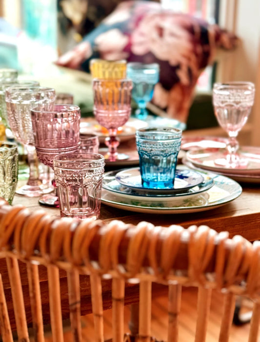 Marseille & Remi Glass Blush goblets in pink, blue, green, and yellow shown. Available in small and large sizes.