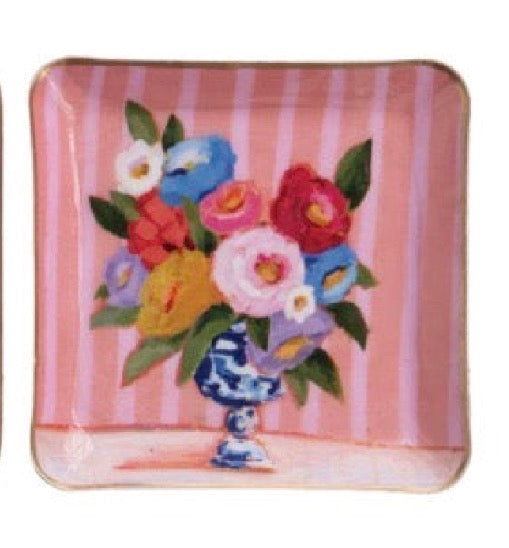 Square Enamel Floral Tray with pink and white stripes and a hand-painted vase of flowers at the center; available in multiple sizes.