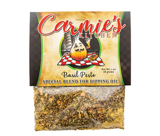 Dipping Oil Seasoning packet with visible Italian herb mix in clear pouch, colorful garlic chef label; available in 1.5oz size.