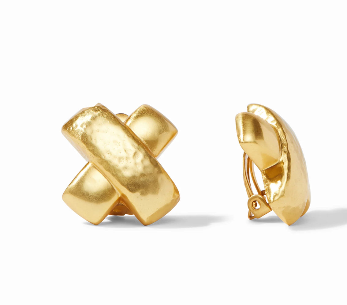 Catalina X Clip Gold earrings with hammered X design, clip-on closure. Available in small, medium, and large sizes.