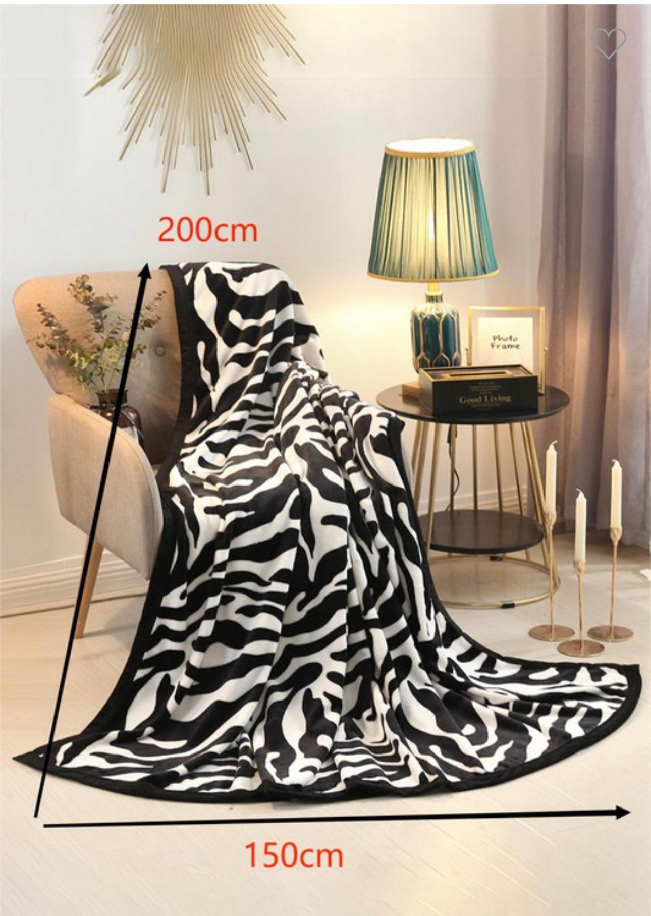 Zebra Print Super Soft Blanket, 200 x 150 cm. Available in multiple sizes. Plush cozy texture with bold zebra pattern.