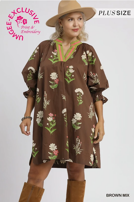 Janie Floral Tunic Dress in brown mix with green and pink embroidery, puffed sleeves. Plus size available.