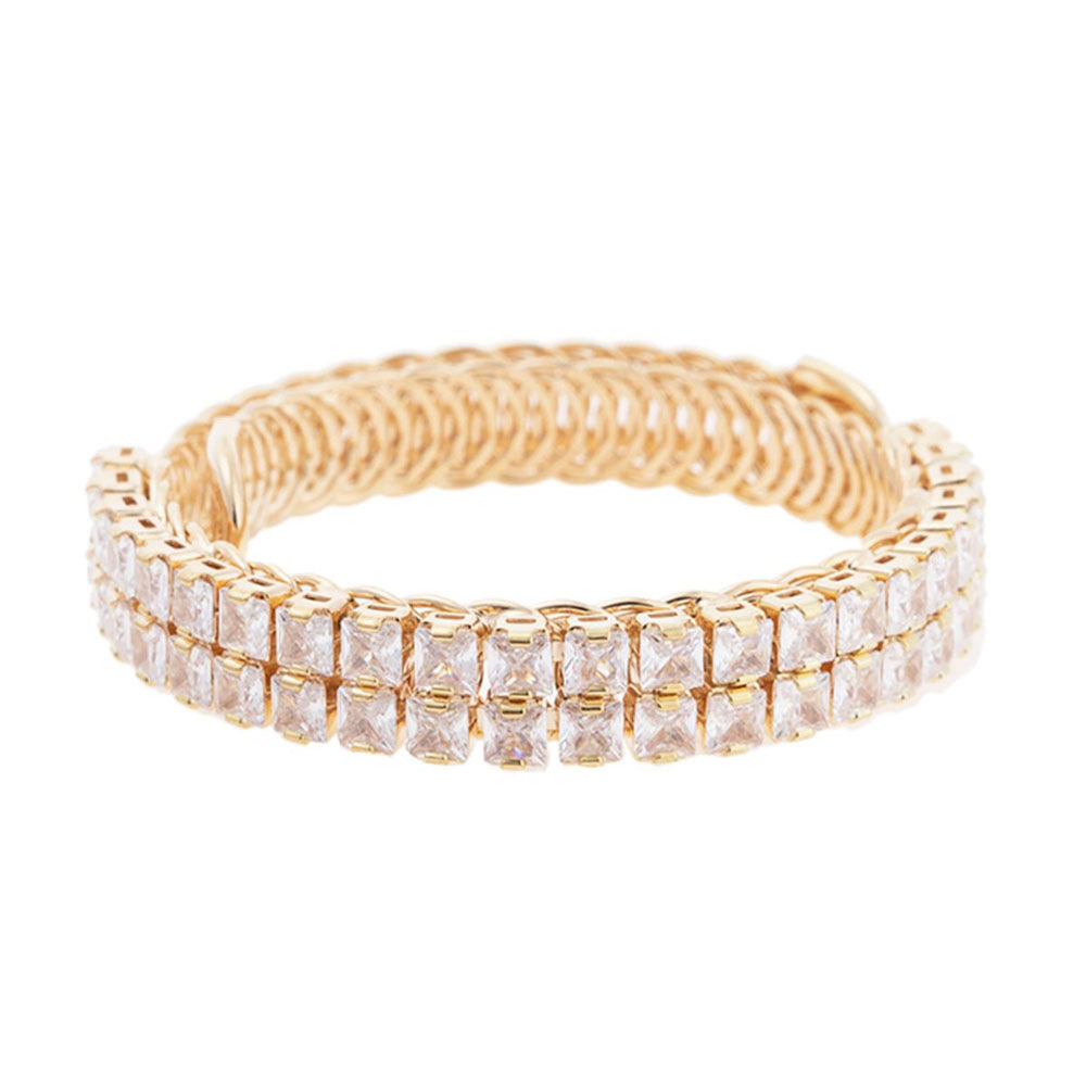 CZ Baguette Double Row Cuff Bracelet with two rows of square-cut clear gems in gold. Available in S/M and M/L.