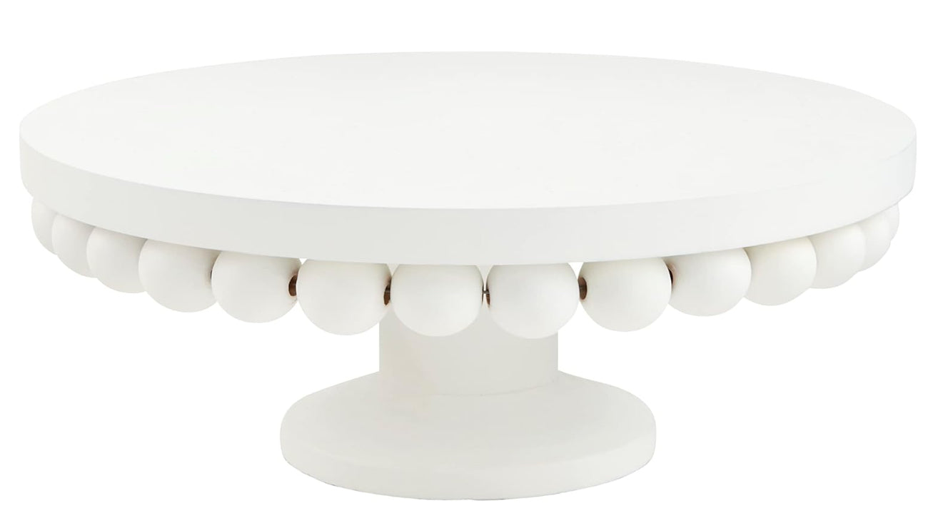 White, round pedestal with wide base and bead spheres below the flat top; available in multiple sizes.