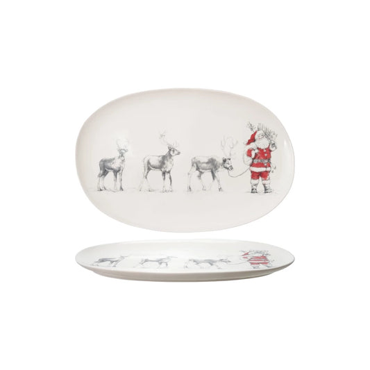 Oval Stoneware Serving Platter with Santa and Reindeer