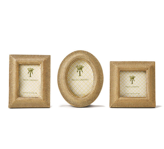 Set of three gold photo frames—rectangular, oval, and square—with textured dot design. Sizes: 4x6", 3x5", 4x4".