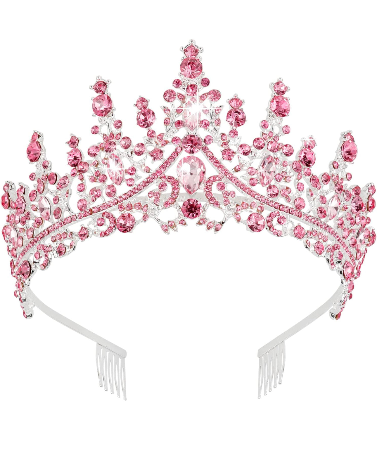 Sparkling silver tiara with pink gemstones, two end combs for grip; available in small, medium, and large sizes.