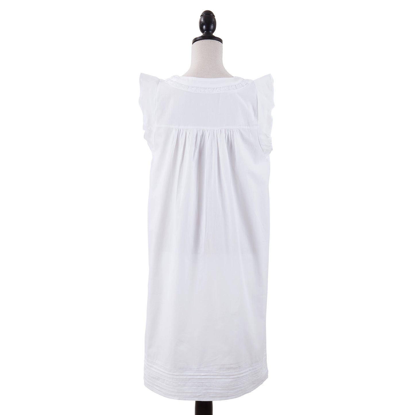 White knee-length nightgown, sleeveless with ruffled shoulders and gathered back. Loose fit. Sizes: S, M, L, XL.