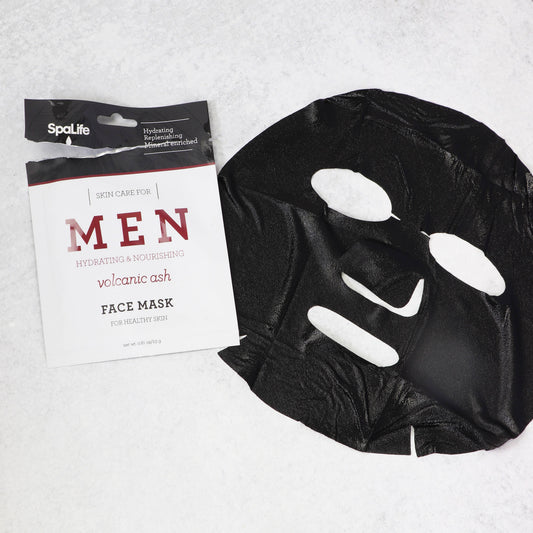 Men's Volcanic Ash Hydrating Facial Mask with packaging shown; available in 50ml and 100ml sizes.
