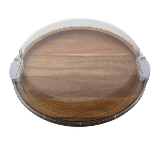 Round acacia tray with clear domed lid and side handles; 14-inch size; ideal for serving or charcuterie.
