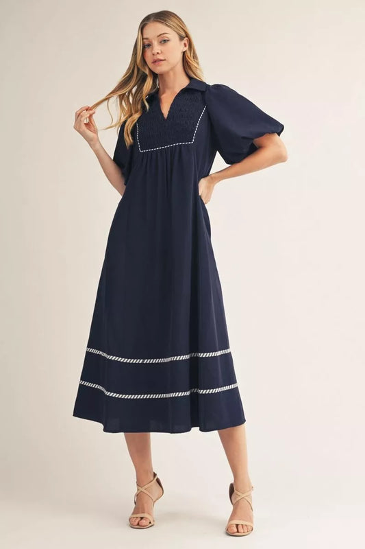 Dark Navy Stripe Contrast Midi Dress
