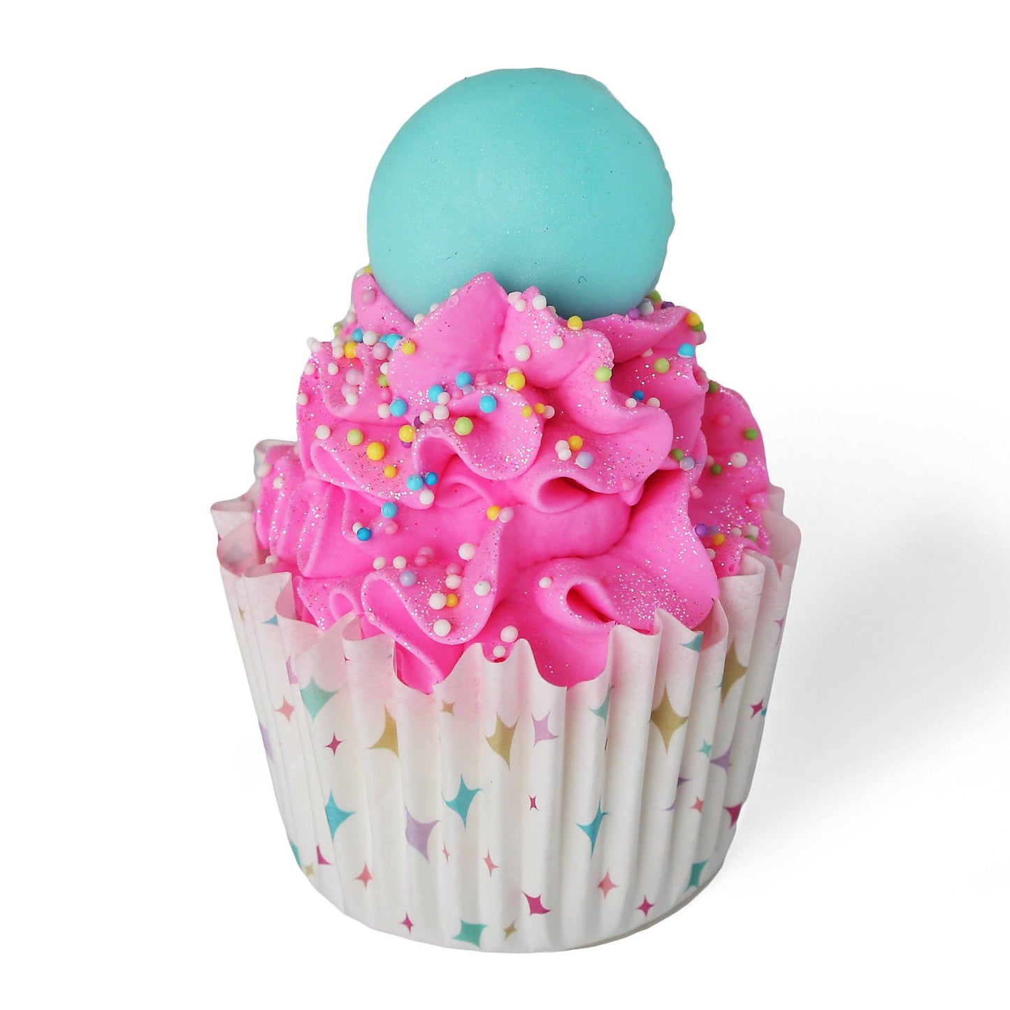 Cupcake soap with pink frosting, sprinkles, blue candy topper, star white wrapper; vegan, peony scent. Sizes: unavailable.