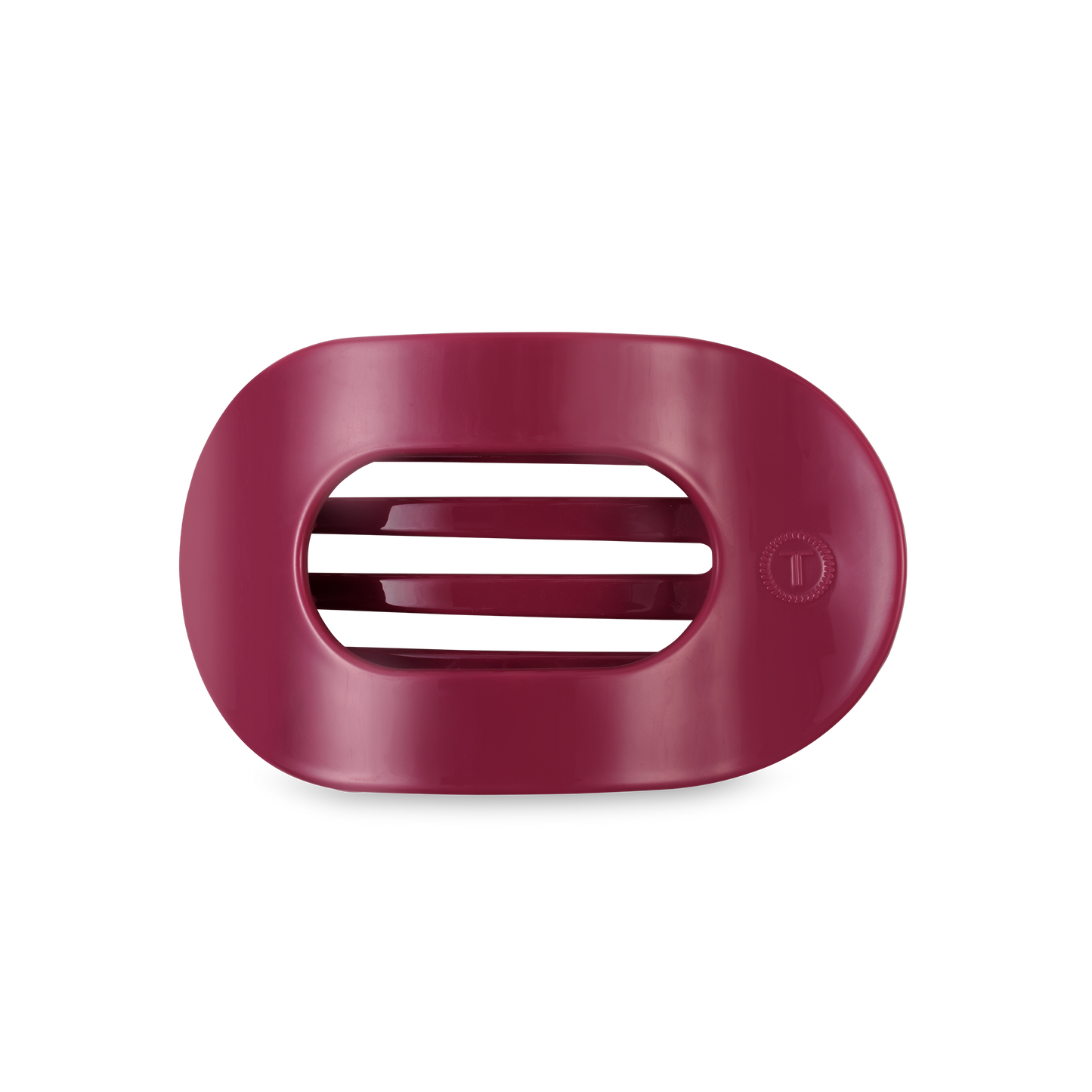 Maroon, oval TELETIES Flat Round Hair Clip with three drainage slits; available in medium and large sizes.