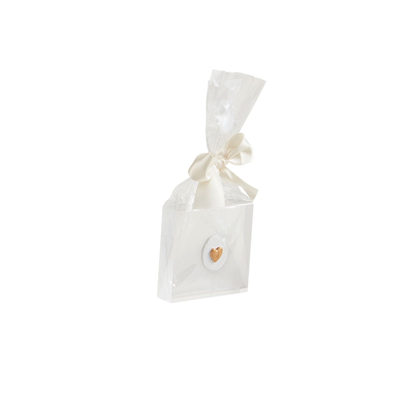 White gift bag with a shiny finish, tied with a white ribbon. Features "Mini Acrylic Icon Plaques" and a circular detail with a gold heart on the front. Sizes available: One size.